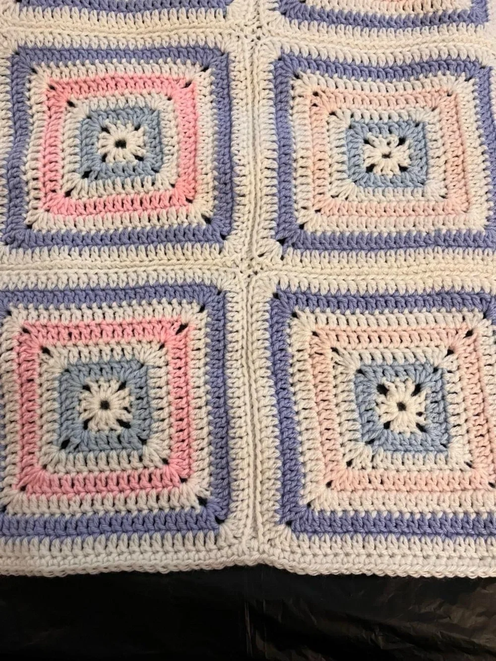 Handmade Crochet Granny Square baby Blanket - White, Pink, Purple & Blue 41x32